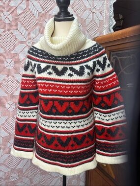 Vintage Fair Isle Cowl Neck Sweater Red Black Cream Acrylic